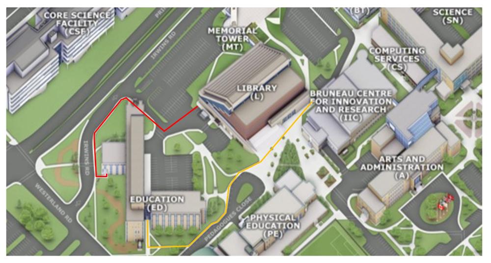 routes accessing education building outlined in red and yellow